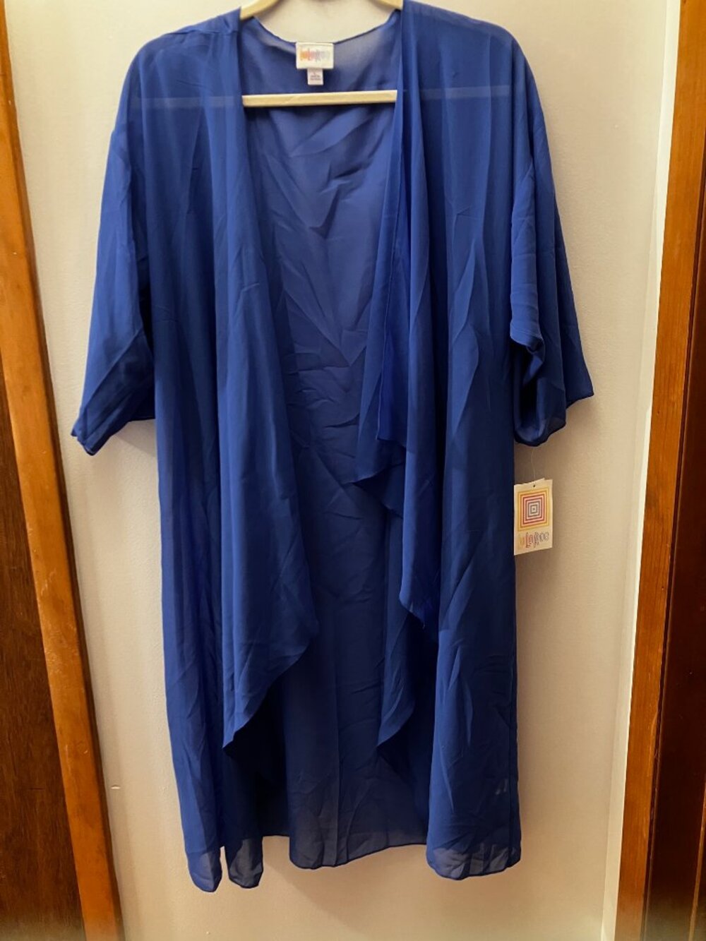 LulaRoe Shirley Sheer Duster Blue Size L 43"L, 100% Polyester